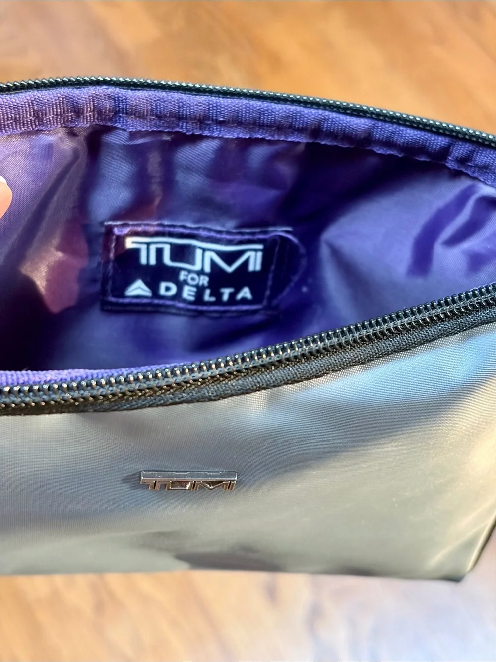 Set of Three TUMI Travel Pouches in Purple, Black & Gray